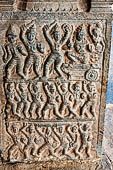 The great Chola temples of Tamil Nadu - The Airavatesvara temple of Darasuram. Pilasters inside the interior of the mandapa are decorated with small panels illustrating mythological stories in bas-reliefs. 